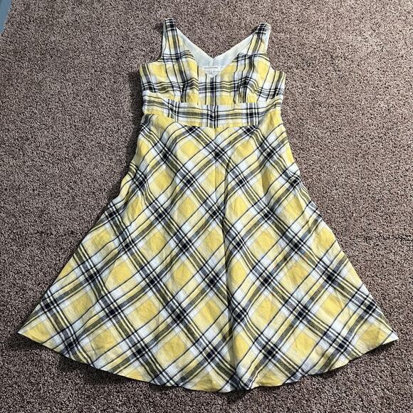 Jones New York Dress Womens 16 Yellow Plaid Sleeveless Fit Flare Summer Midi Zip - Picture 1 of 7